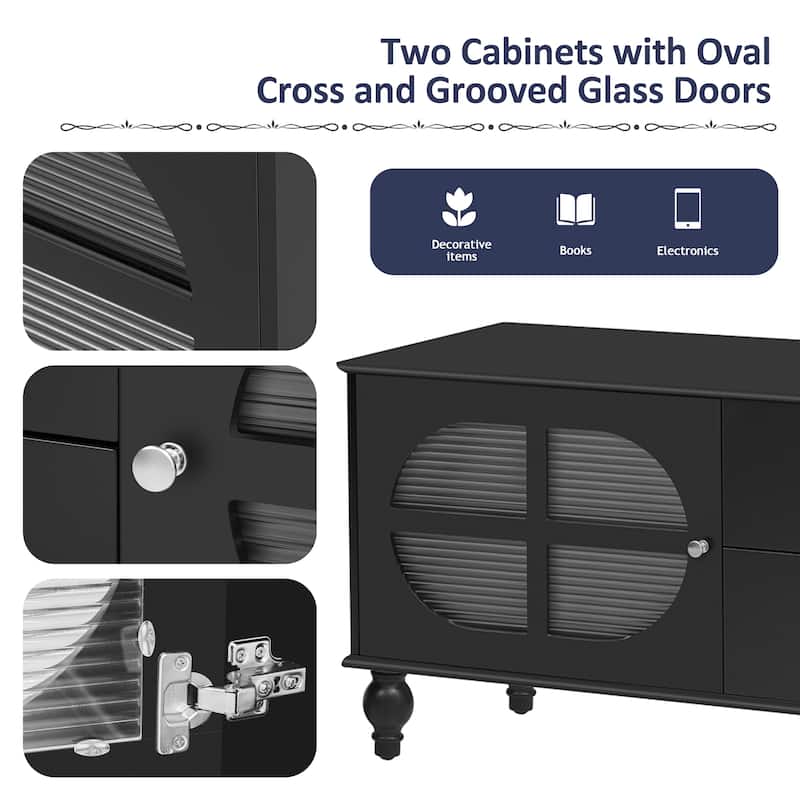 68.9" Rectangular Wooden TV Stand with Fluted Glass Doors, for TVs up to 75", Media Storage Console with 2 Drawers