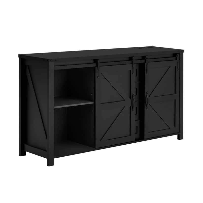 Farmhouse 55.1" Sideboard with Sliding Barn Doors and Storage Drawers, Wood Buffet Table with Power Outlet