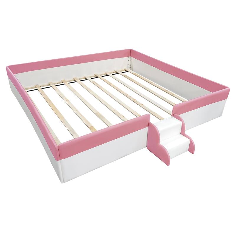 Roomfitters Twin/Full/Queen/King Size Upholstered Daybed Frame with Safety Fence and Stairs, PU Fabric Platform Bed with Slats