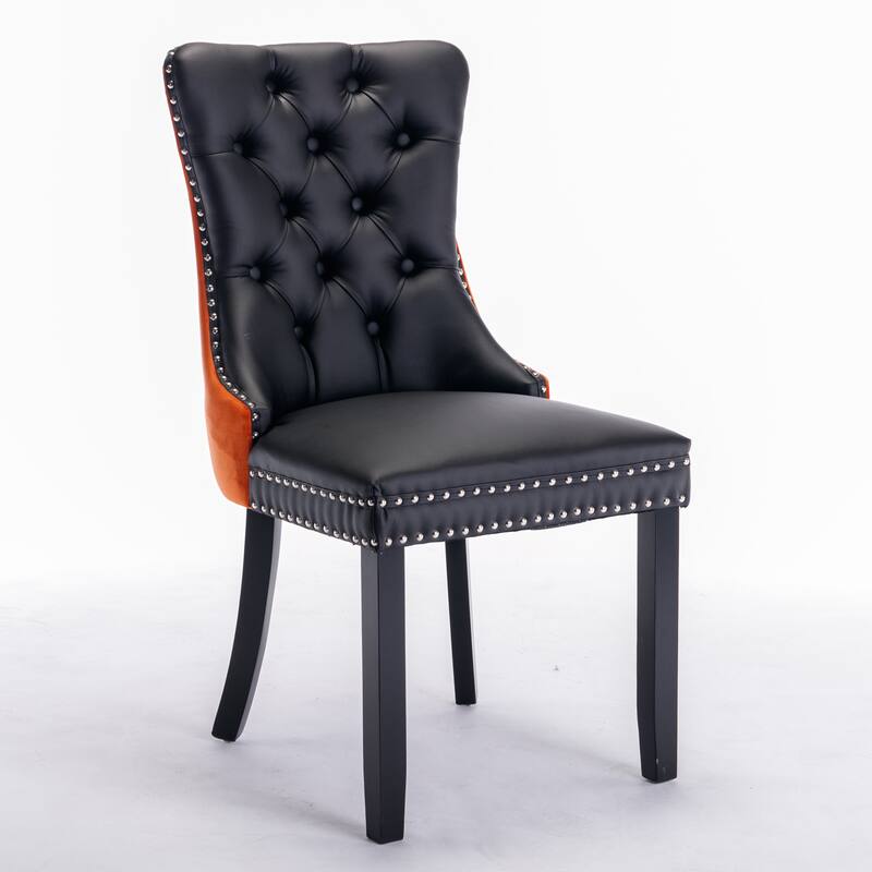 High-end Tufted Solid Wood PU and Velvet Upholstered Dining Chair with Wood Legs Nailhead Trim 2-Pcs Set