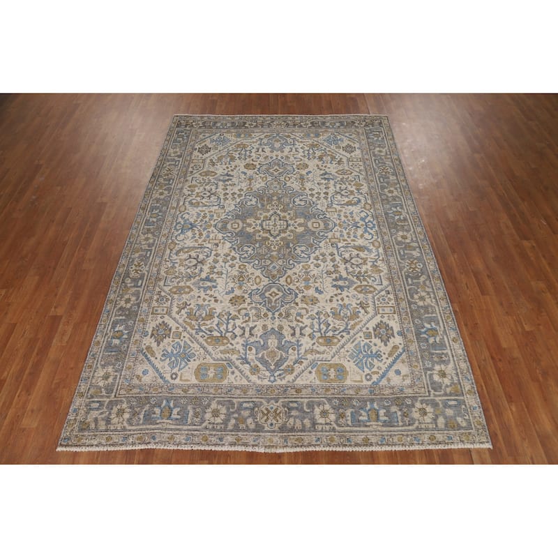 Hand Knotted Oriental 100% Wool Carpet Traditional Floral Beige & Ivories Tabriz Area Rug - 9' 7'' X 6' 6''