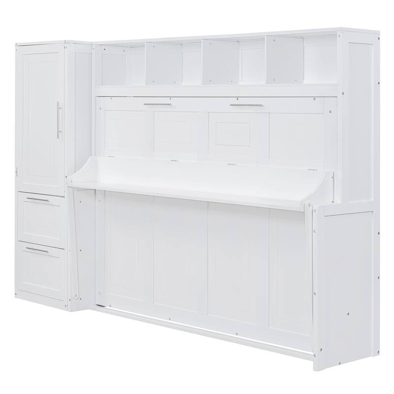 Murphy Bed with Side Wardrobe, Top Cabinet & Storage Drawers, Wall Bed Panel Bed Frame Foldable Into White Cabinet, Full Size