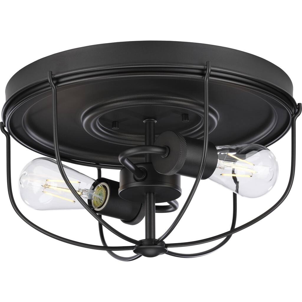 Medal Collection 2-Light Graphite Industrial Flush Mount Ceiling Light - 14.5 in x 14.5 in x 7.88 in