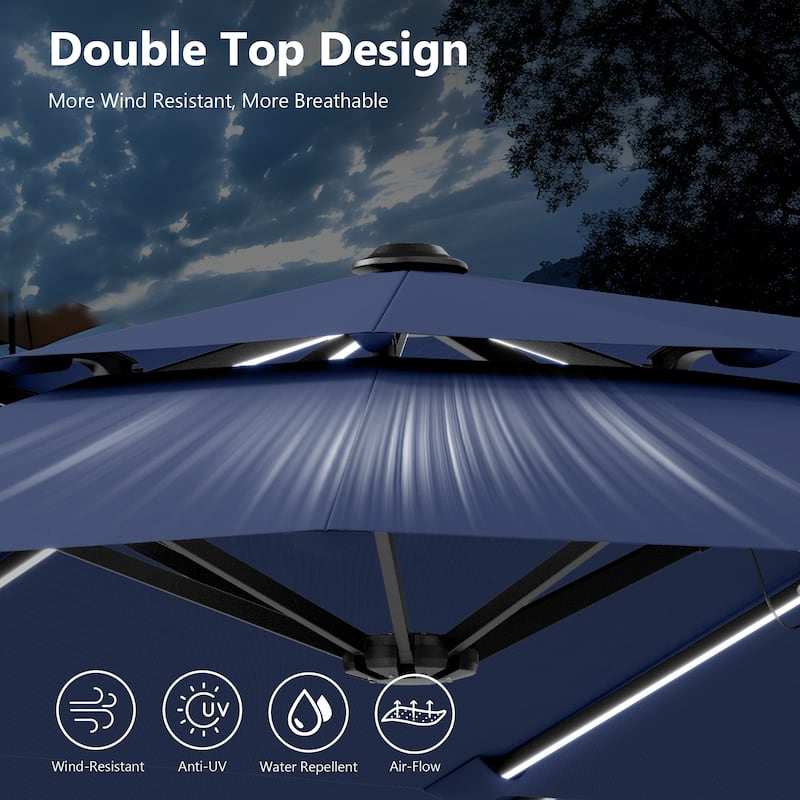 MAISON ARTS 13ft Double-Sided Outdoor Umbrella, 2-Tier Vented Market Umbrella with Colored Lights and Base