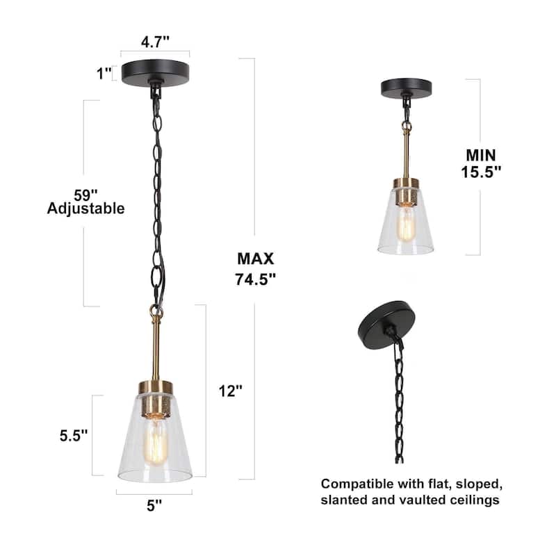 Aditi 1-Light Mini Pendant Mid-century Modern Black Brass Seeded Glass Kitchen Island Light - Plating Brass - D 5"* H 12"