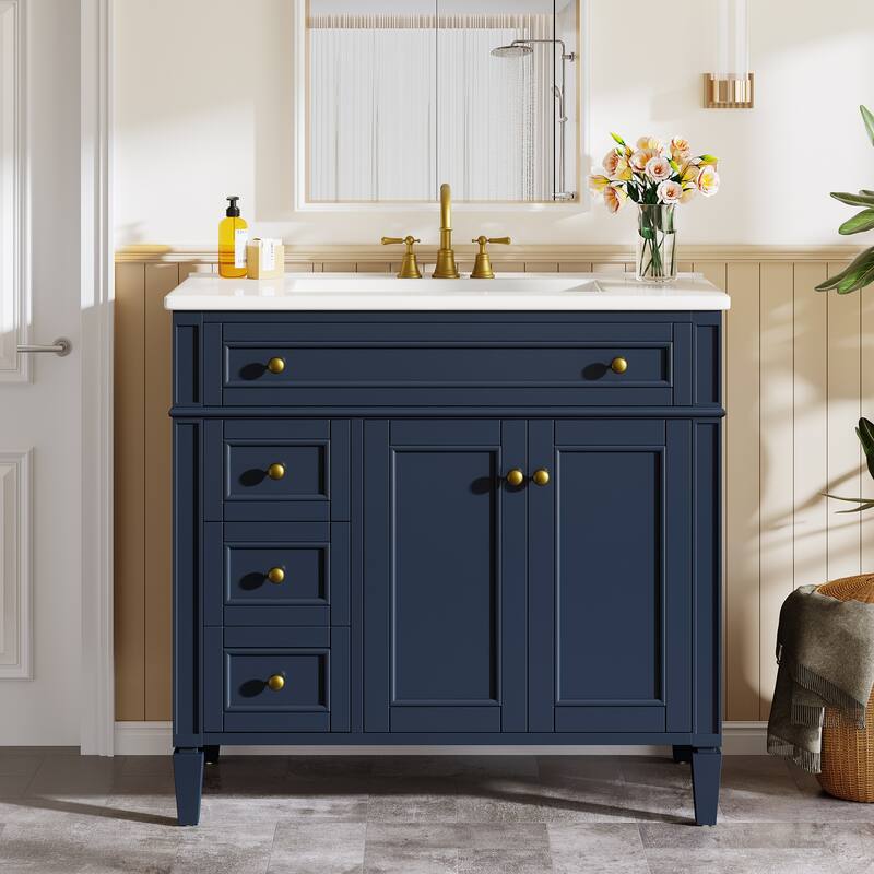 36" Bathroom Vanity with Sink, Modern Bathroom Sink Cabinet with 4 Drawers & 2 Doors, Solid Wood Frame