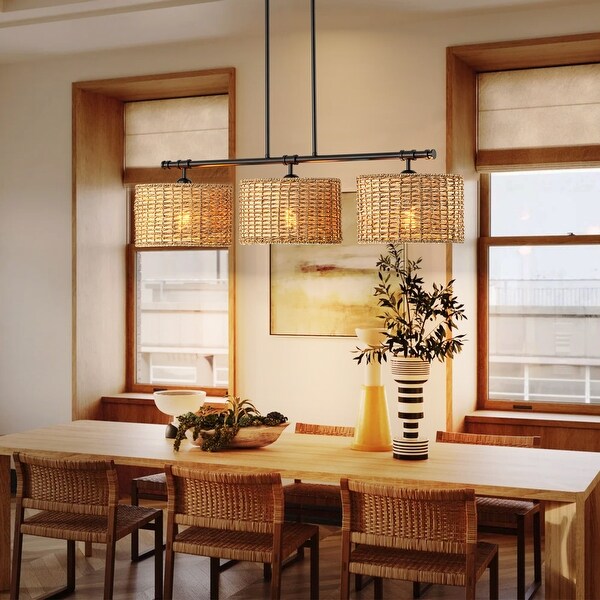 Rennnsan Handwoven Rattan/Bamboo/Metal Boho 3-Light Pendant Light