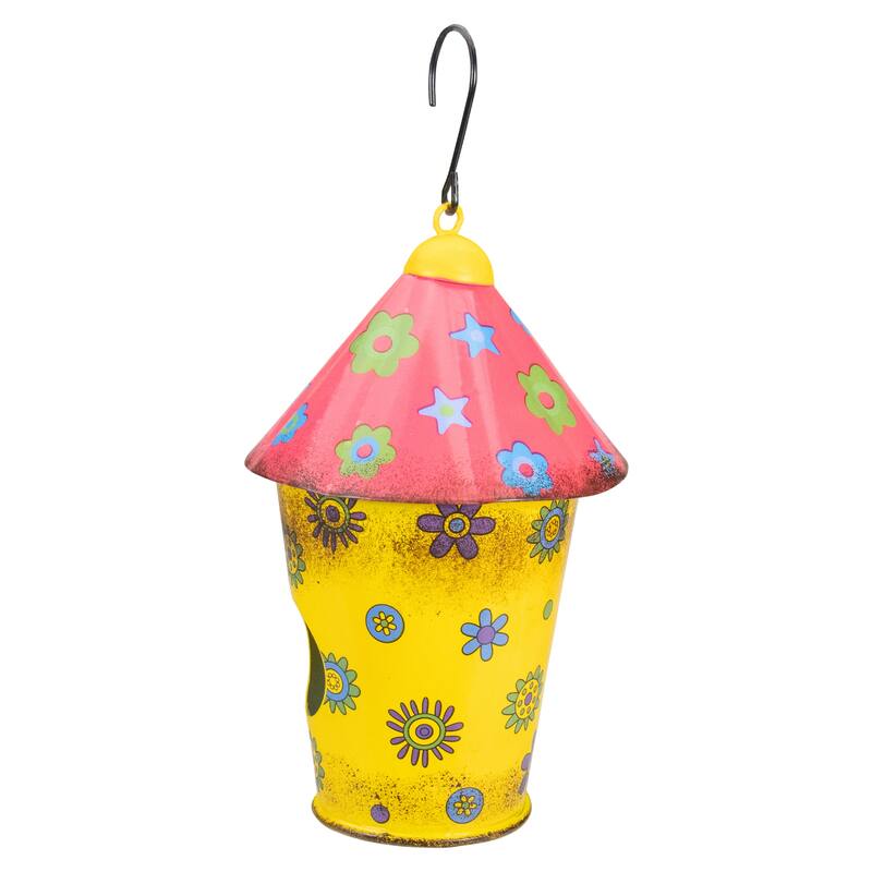 7.75" Red and Yellow Metal Birdhouse with Flowers