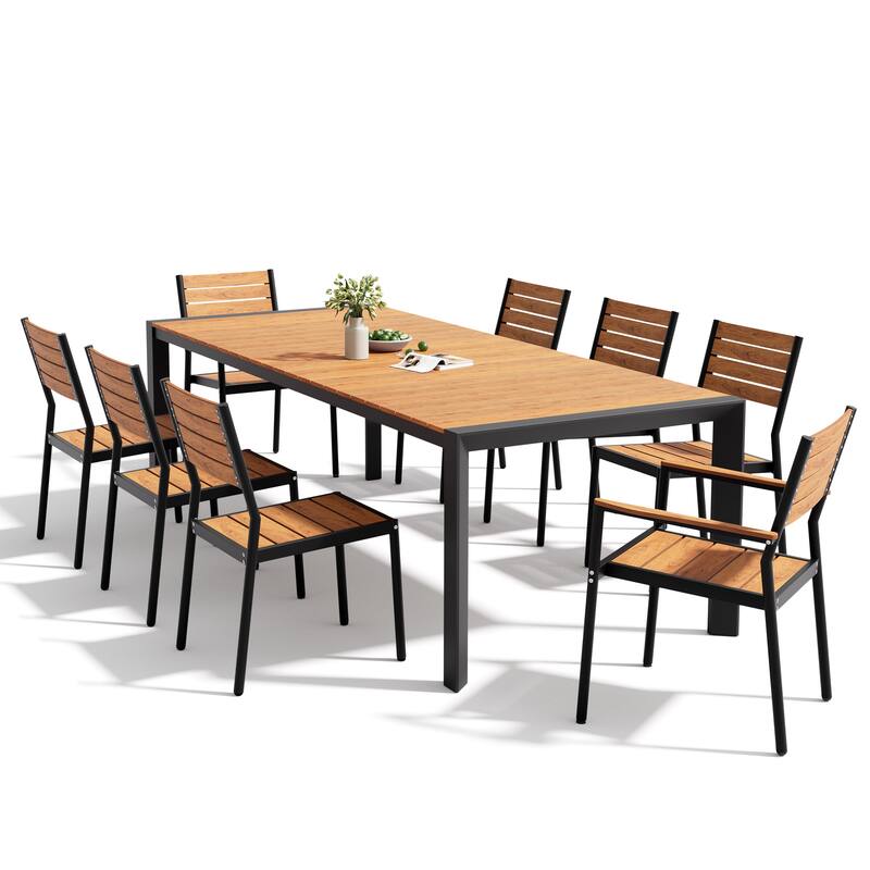 Set of 9 Outdoor Patio Dining Set WoodLike Table Top Aluminum Rectangular Umbrella Hole Table with Stackable Dining Chairs Set