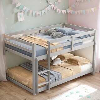 Stylish Twin Over Twin Floor Bunk Bed with Low Height Design for Kids' Safety, Spacious Grey Pine Wood Construction