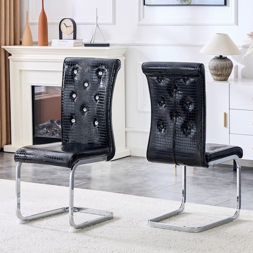 Set of 2, Retro Faux Alligator Skin Upholstered Dining Chairs, with Crystal Buckle Design and Faux Leather Design