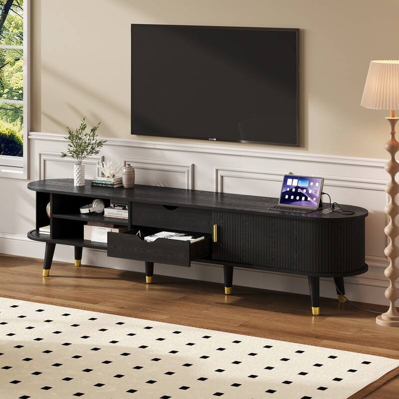 Mid-Century Modern Fluted TV Stand with Charging Station and Ample Storage for TVs Up to 80"