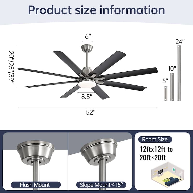 52" Indoor Noiseless Ceiling Fan with Integrated LED Light and Remote