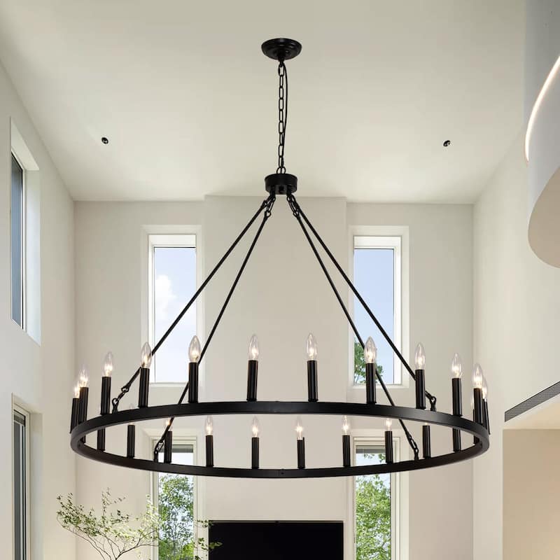 24-Light Black Wagon Wheel Chandelier 48" Farmhouse Rustic Ceiling Light with Adjustable Height - 1 Tier 24lights - 48inch - 1 Tier 24lights - 48inch - Black