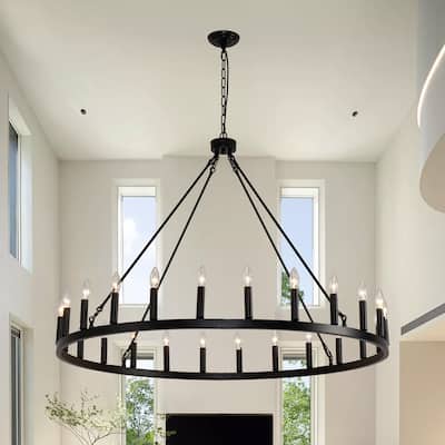 24-Light Black Wagon Wheel Chandelier 48" Farmhouse Rustic Ceiling Light with Adjustable Height - 1 Tier 24lights - 48inch