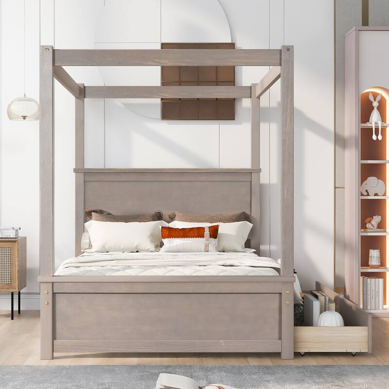 Wood Canopy Bed with two Drawers, Canopy Platform bed With Support Slats.No Box Spring Needed
