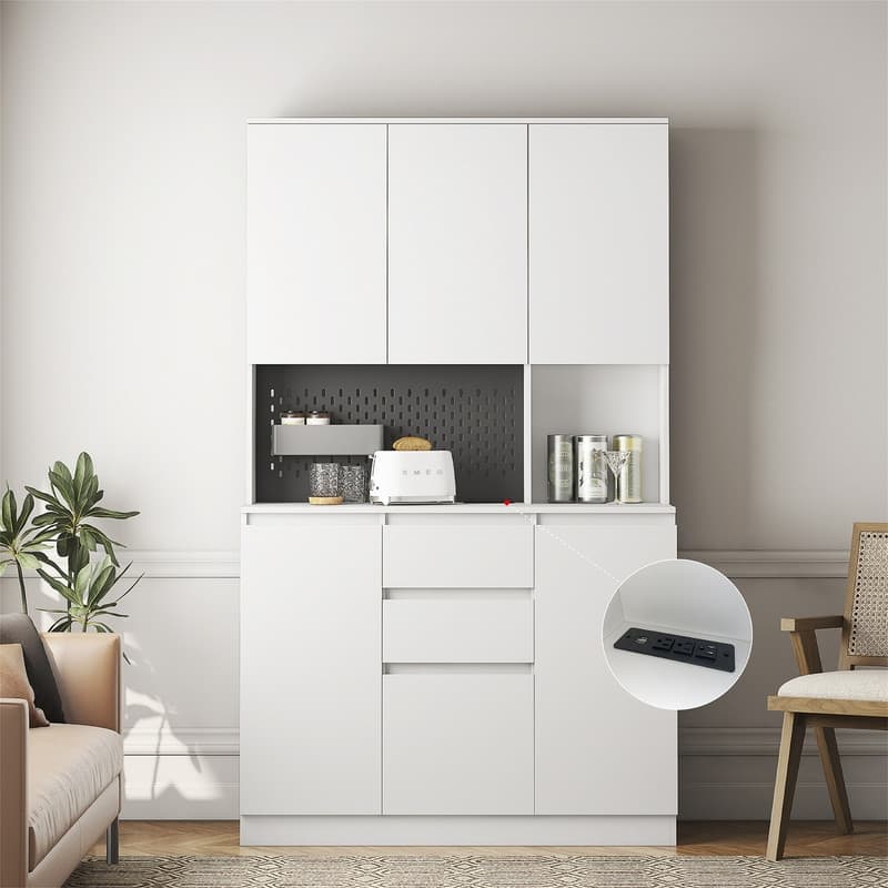 Kitchen Pantry Cabinet with Microwave Stand and 2 Drawers, Freestanding Buffet Cupboards Sideboard with Charging Station
