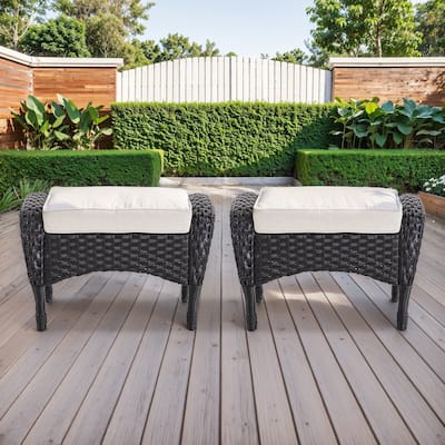 Outside Patio Wicker Ottomans Set Black - Beige