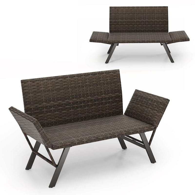 Outdoor Metal Frame Wicker Couch Patio Convertible Sofa for 2 - Mix Gray