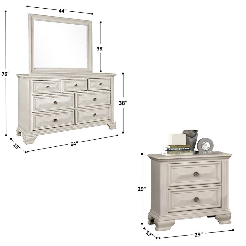 Roundhill Furniture Renova Distressed Parchment Wood Bedroom Set, Panel Bed, Dresser, Mirror, Nightstand