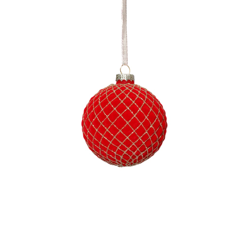 Flocked Glass Ball Christmas Ornaments with Gold Accents, Set of 6, 3.25"