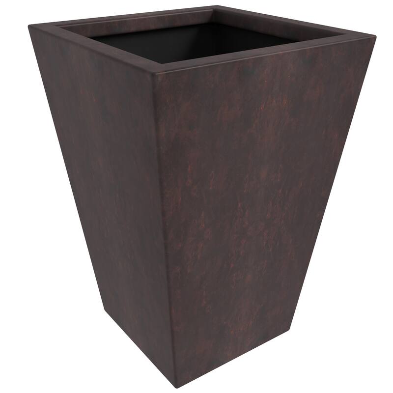 Serene Modern Square Tapered Fiberstone MGO Planter with Drainage Holes, Cover & Weather-Resistant Indoor Outdoor Plant Pot - 21" H x 14" W x 14" D - Brown