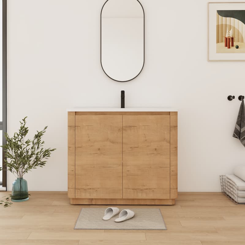 Bathroom Vanity With Sink In 36/40 Inch, Freestanding Bathroom Vanity With Soft Close Door and Adjustable Shelf - 39.8''W×18.7''D×34.1''H - Imitative Oak