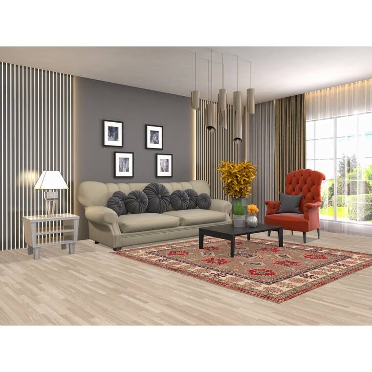 Brown Geometric Kazak Oriental Square Rug Hand-Knotted Wool Carpet - 6'8" x 6'5"