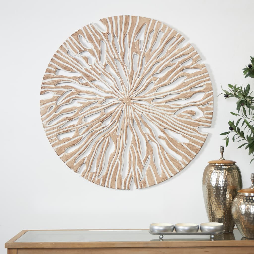 Beige Wood Handmade Intricately Carved Starburst Home Wall Decor with White Accents