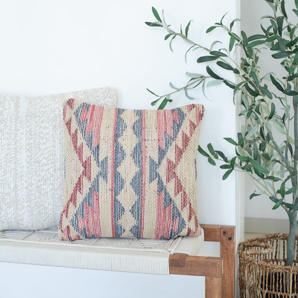 Hand-Stitched Southwestern Cotton Throw Pillow Cover - 18" - Pink and Gray