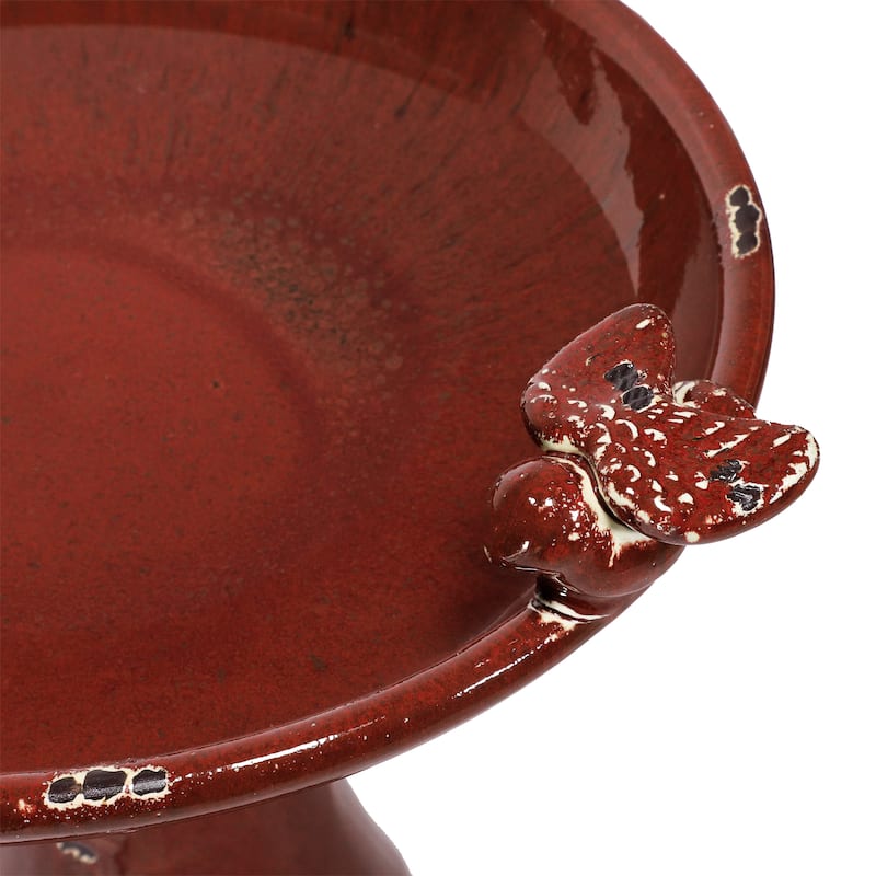 Alpine Corporation 25" Tall Outdoor Ceramic Antique Pedestal Birdbath with 2 Bird Figurines, Red