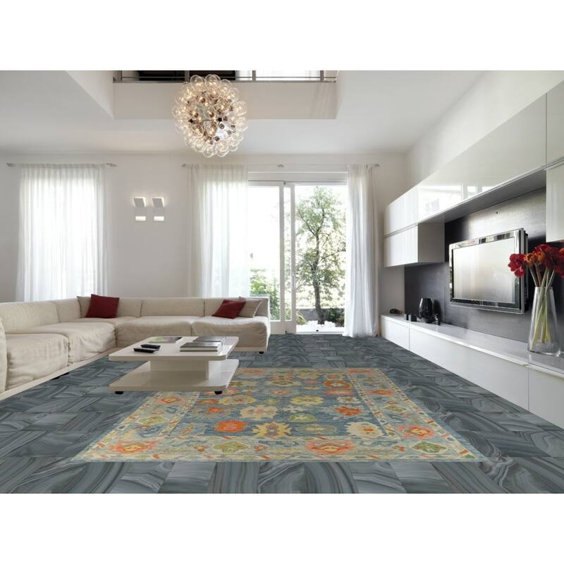 Hand Knotted Oriental 100% Wool Carpet Transitional All-Over Navy Blue & Blues Oushak Area Rug - 12' 9'' X 9' 4''