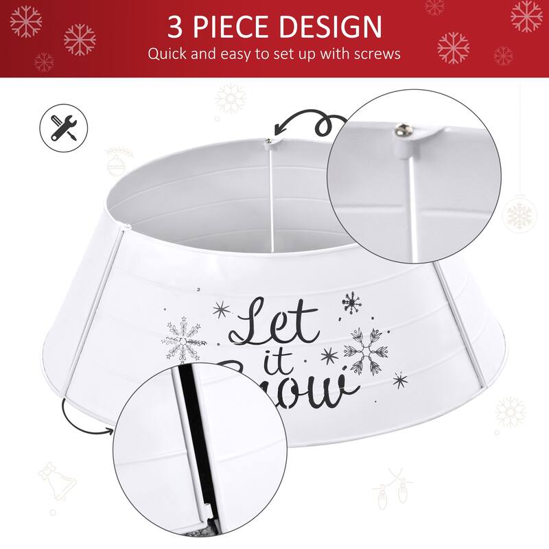 White Christmas Tree Collar with Black “Let it Snow” Design and Metal Base Cover for Holiday Decor - 26" x 9" H