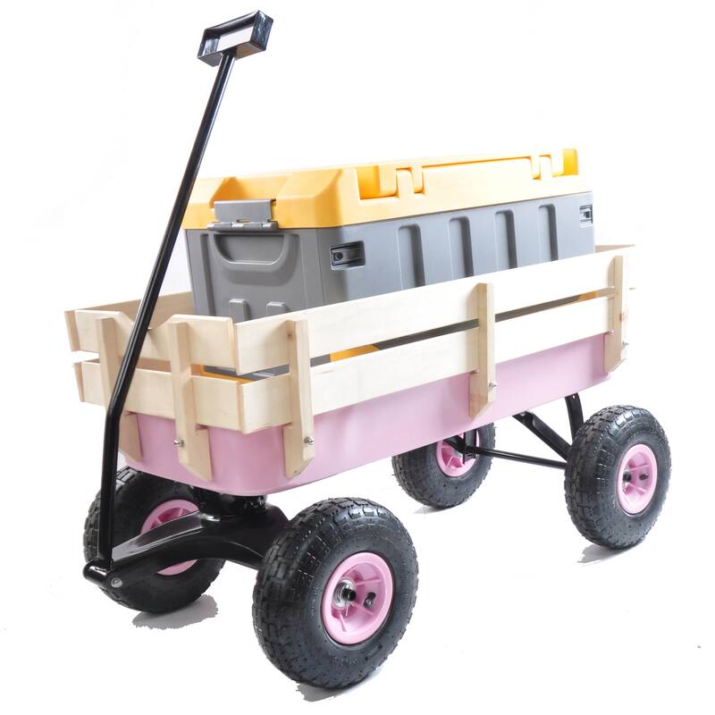 All-Terrain Garden Utility Wagon - Removable Wooden Sides, Steel Bed, 10-Inch Air Tires, and Foldable Handle
