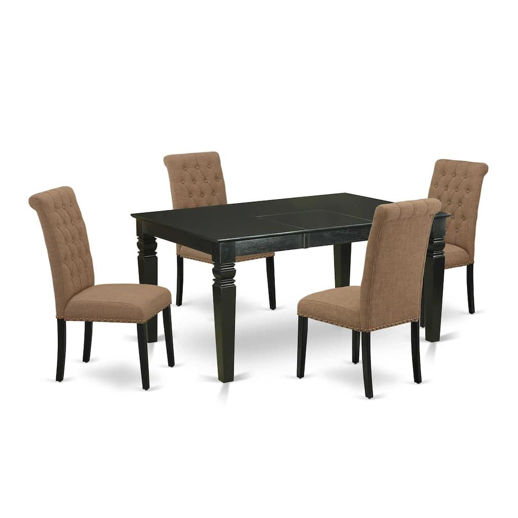 HomeStock 5-Piece Rectangle Black Finish Solid Wood Top Dining Table with 4 Parson Chair with Butterfly Leaf Lattice Back