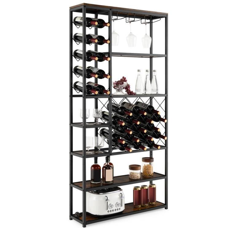 Rustic Brown Black Metal Wood 6-Tier Industrial Wine Rack Shelf - 32" x 9" x 65.5"