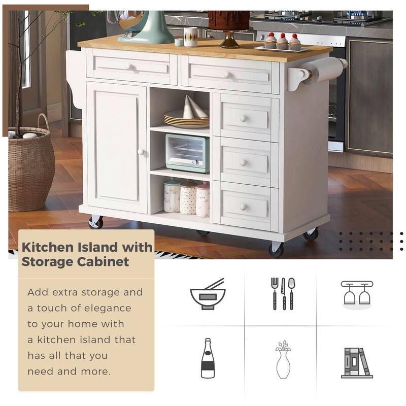 53-Inch Width kitchen Island cart with storage and 5 draws