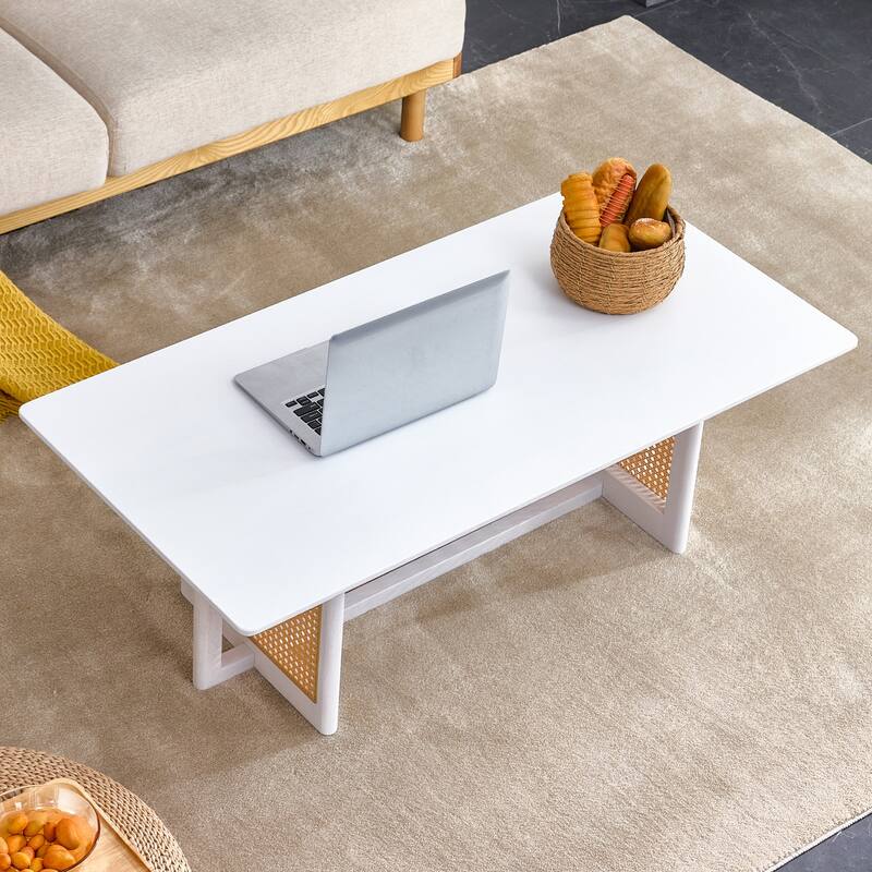 Coffee Table Solid Wood End Table Imitation Rattan Center Table
