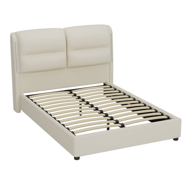 Roomfitters Upholstered Queen Size Hydraulic Platform Bed with Lift Up Storage and Sensor LED Lights,PU Leather Bed Frame