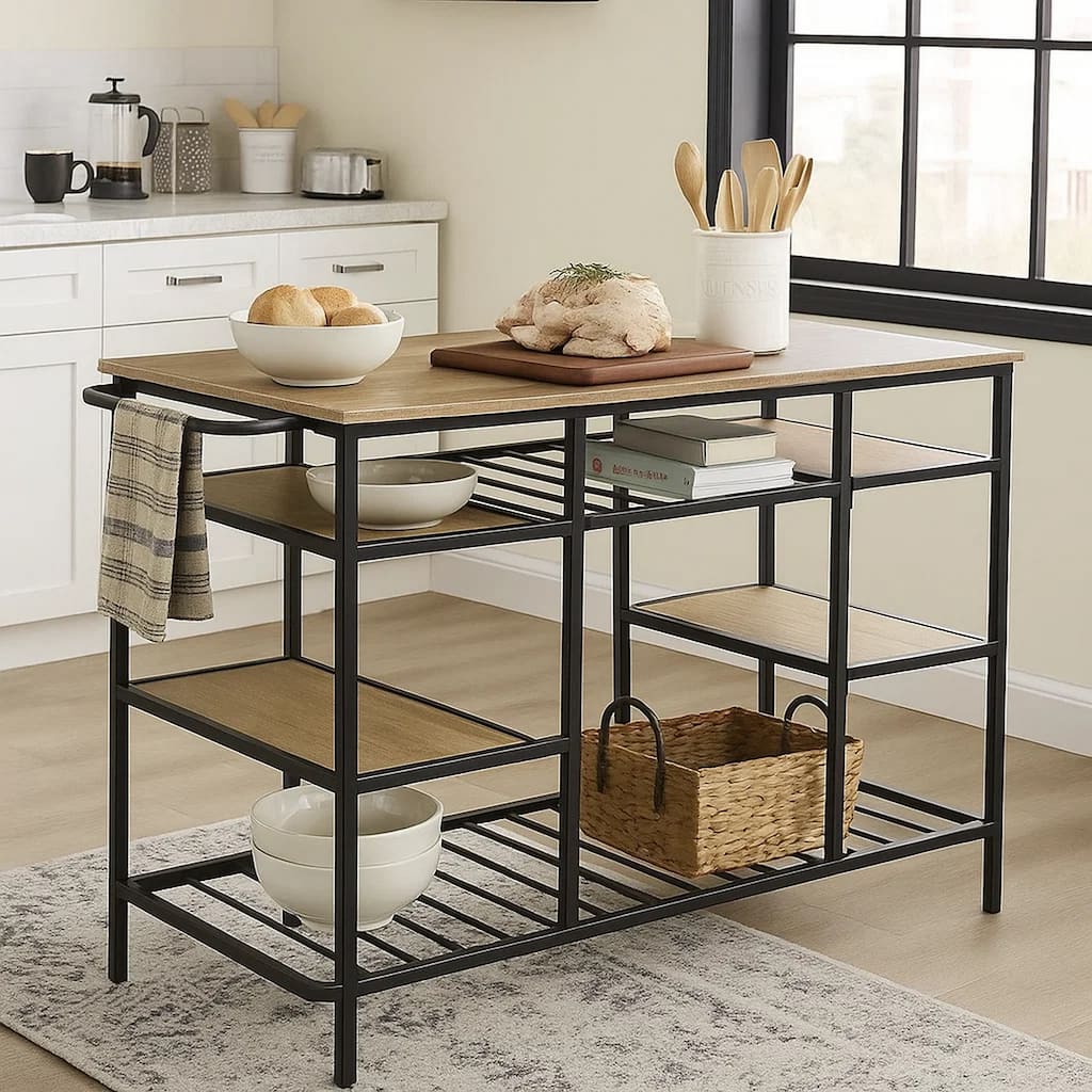 Kitchen Island with Slatted and Bottom Shelves, Oak Brown