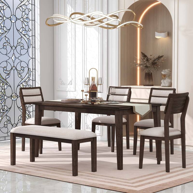6 PCS Classic Dining Set for 6 with Bench and Upholstered Chairs
