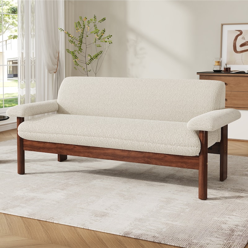 Roomfitters Modern Berber Fleece Loveseat Sofa with Armrest Pillows, 2-Seater Couch - Beige