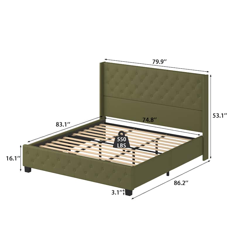 King Size Olive Green Leather Upholstered Platform Bed with Extra Tall 52.8" Tufted Wingback Headboard Bed Frame