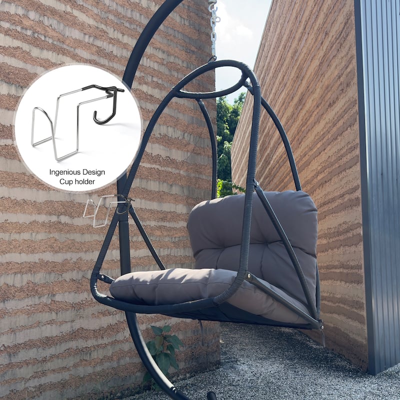 Rossetta Outdoor Wicker Rattan Patio Basket Foldable Hanging Chair with C Type Bracket , Cushion and Pillow