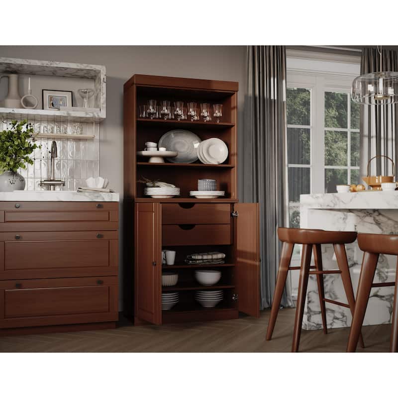 100% Solid Wood Kitchen Pantry Cabinet with 2 Clear Glass or Solid Wood Doors and 2-Drawer Organizer by Palace Imports - Mocha - Solid