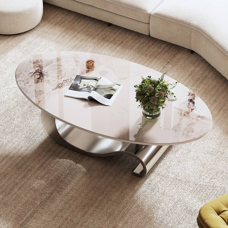 GDFStudio - Contemporary 49.2" Oval Sintered Stone Coffee Table with S-Shaped Stainless Steel Base & Novel-Pattern Top