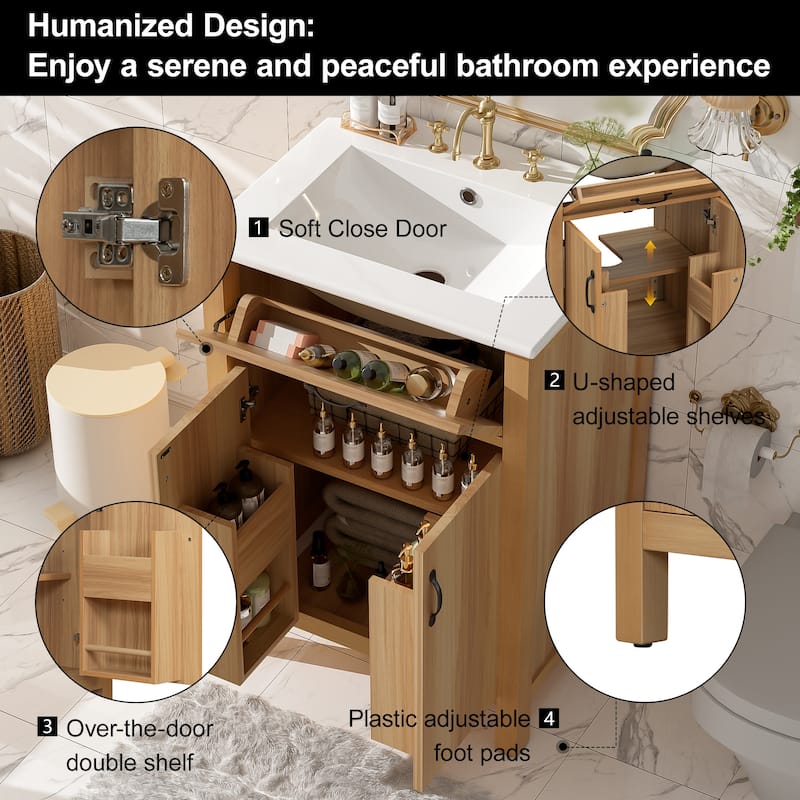 24'' Bathroom Vanity with Ceramic Sink, Solid Wood Frame, Flip Drawer, 2 Soft-Close Doors & Adjustable Shelf