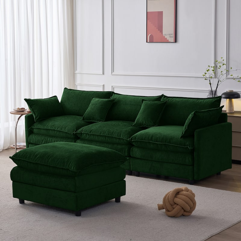 Chenille Upholstered L-shaped Sectional Sofa 3 Seater Modular Couch with Ottoman, Pillows and Double Layer Seat Cushions
