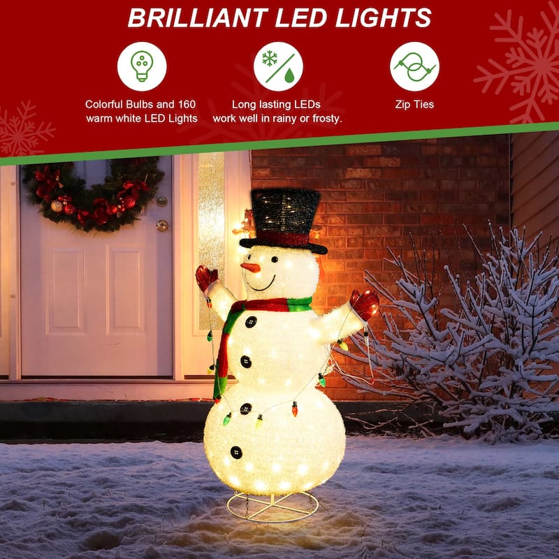 Glitzhome 47"H Lighted Christmas 3D Foldable Fabric Snowman Decor with 160 LED Lights - 3D Foldable Fabric Snowman