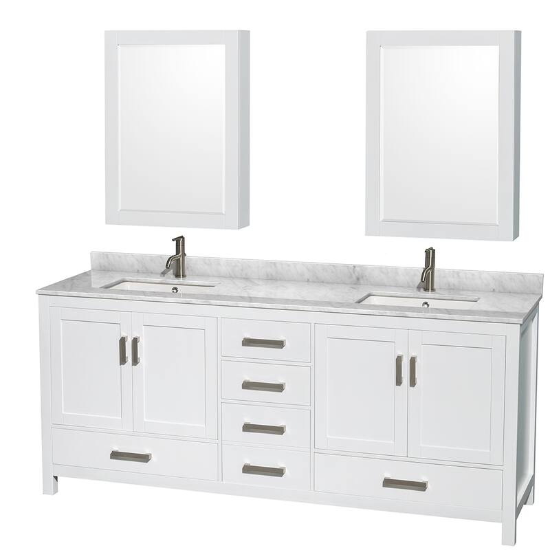 Wyndham Collection Sheffield Double Vanity Set, Medicine Cabinets - 80-Inch Double - White, White Carrara Marble Top, Chrome Trim